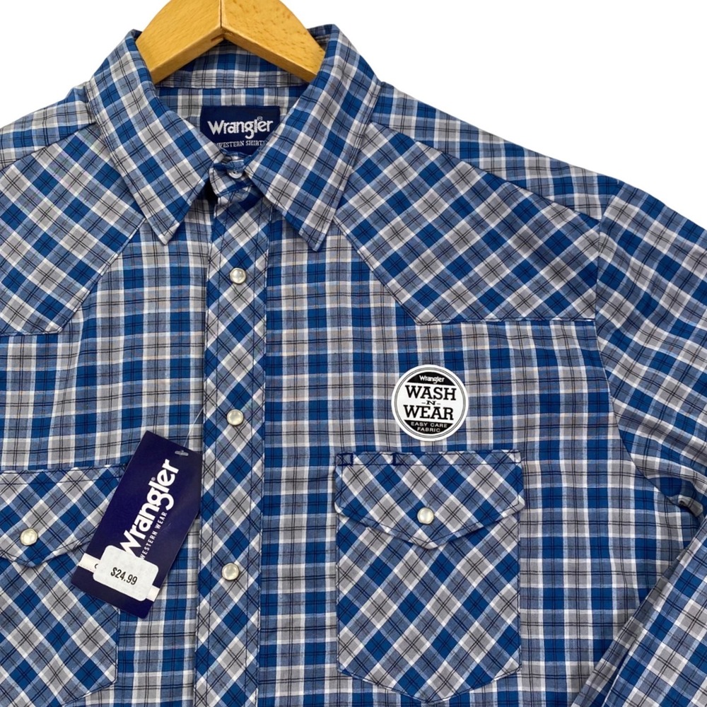 Wrangler Western Shirt Mens LT Blue Plaid Pearl Snap Long Sleeve Tall 7BAVS63